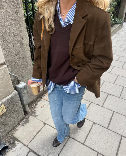 Brown notched lapel blazer, alternate front view