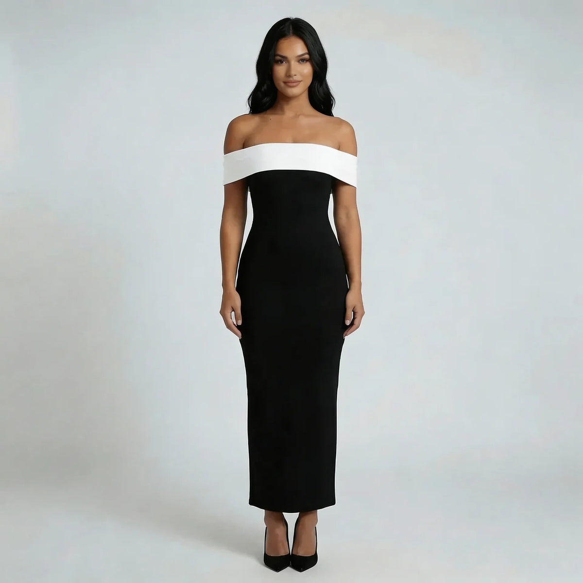Women's black off shoulder bow back midi dress, front view