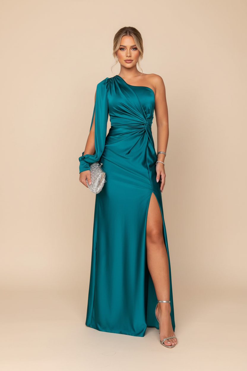 Women's turquoise one shoulder maxi dress, front view