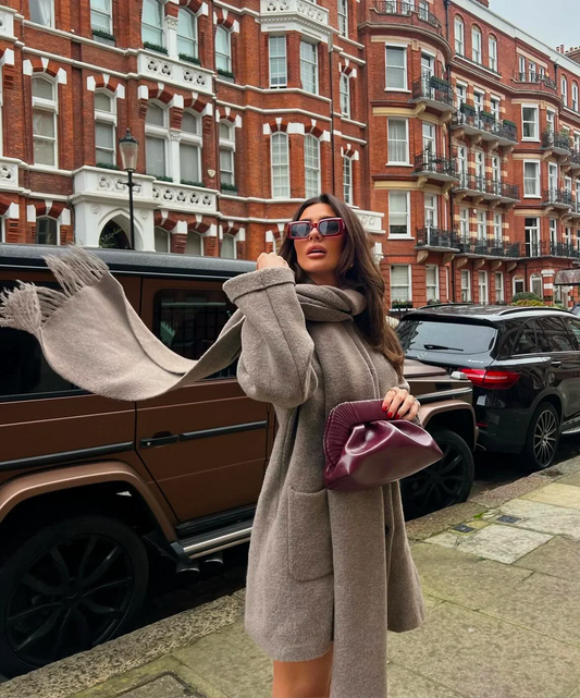 Women's grey oversized fall coat, front view
