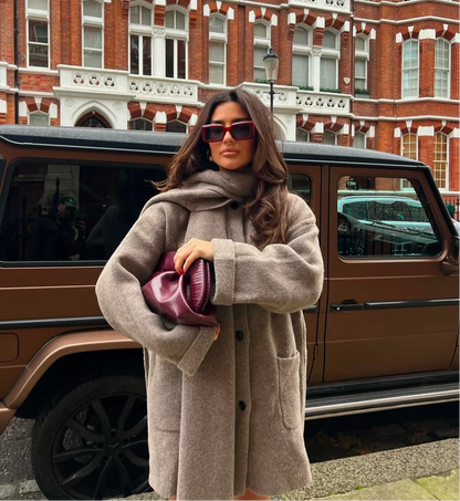 Grey oversized fall coat, second view