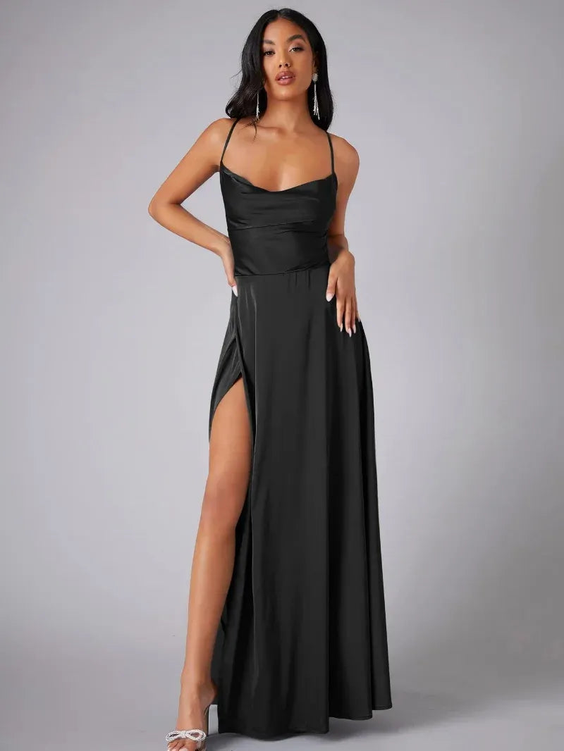 Women's black satin cowl neck backless maxi dress with high slit, front view