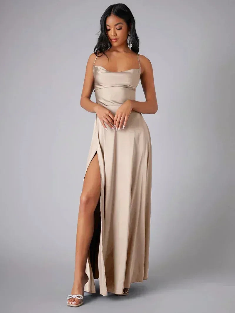 Women's beige satin cowl neck backless maxi dress, front view