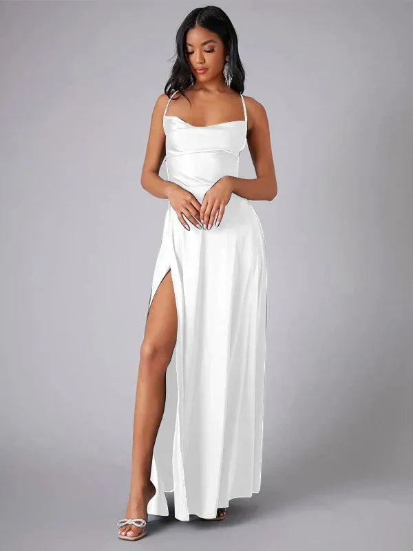Women's white satin cowl neck backless maxi dress, front view