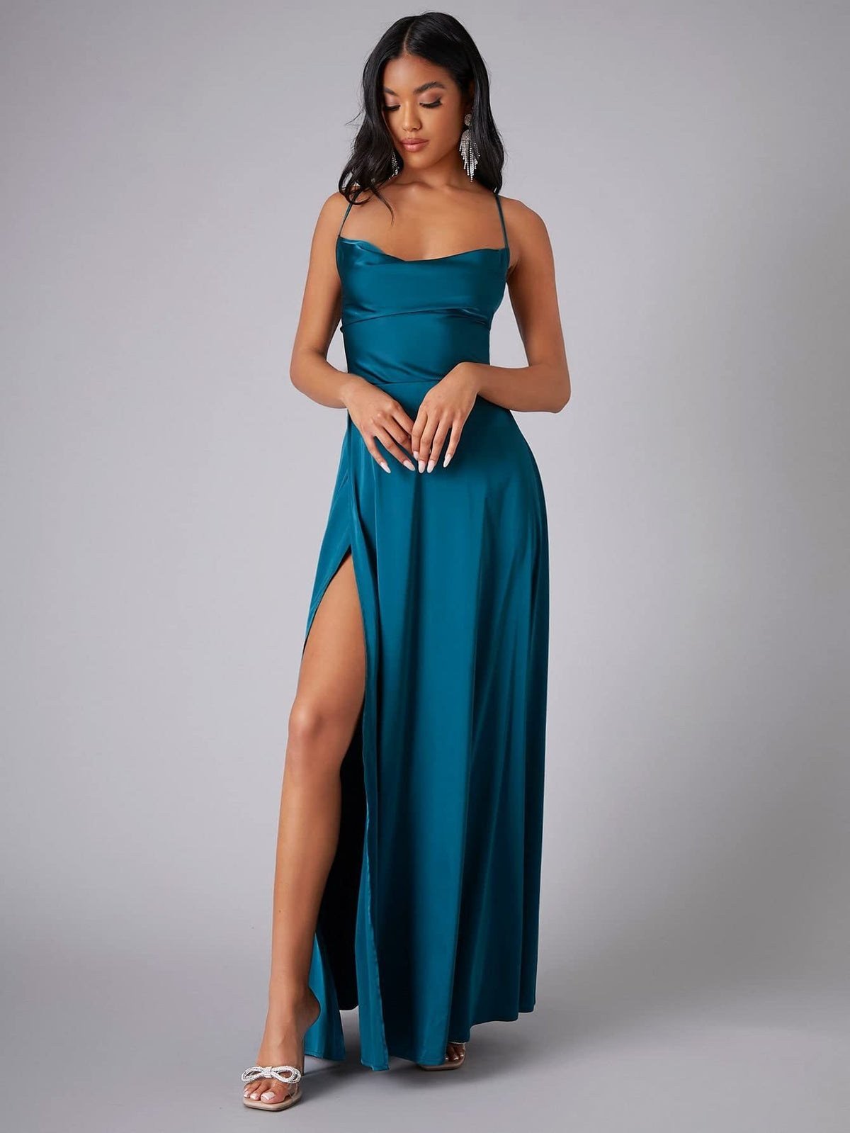 Women's teal blue satin cowl neck backless maxi dress, front view