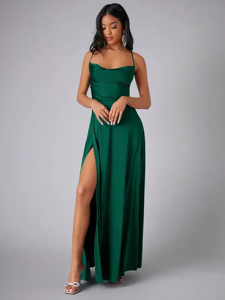 Women's dark green satin cowl neck backless maxi dress, front view