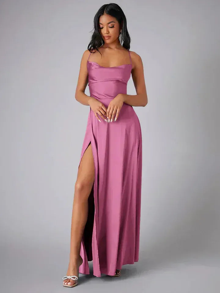 Women's pink satin cowl neck backless maxi dress, front view