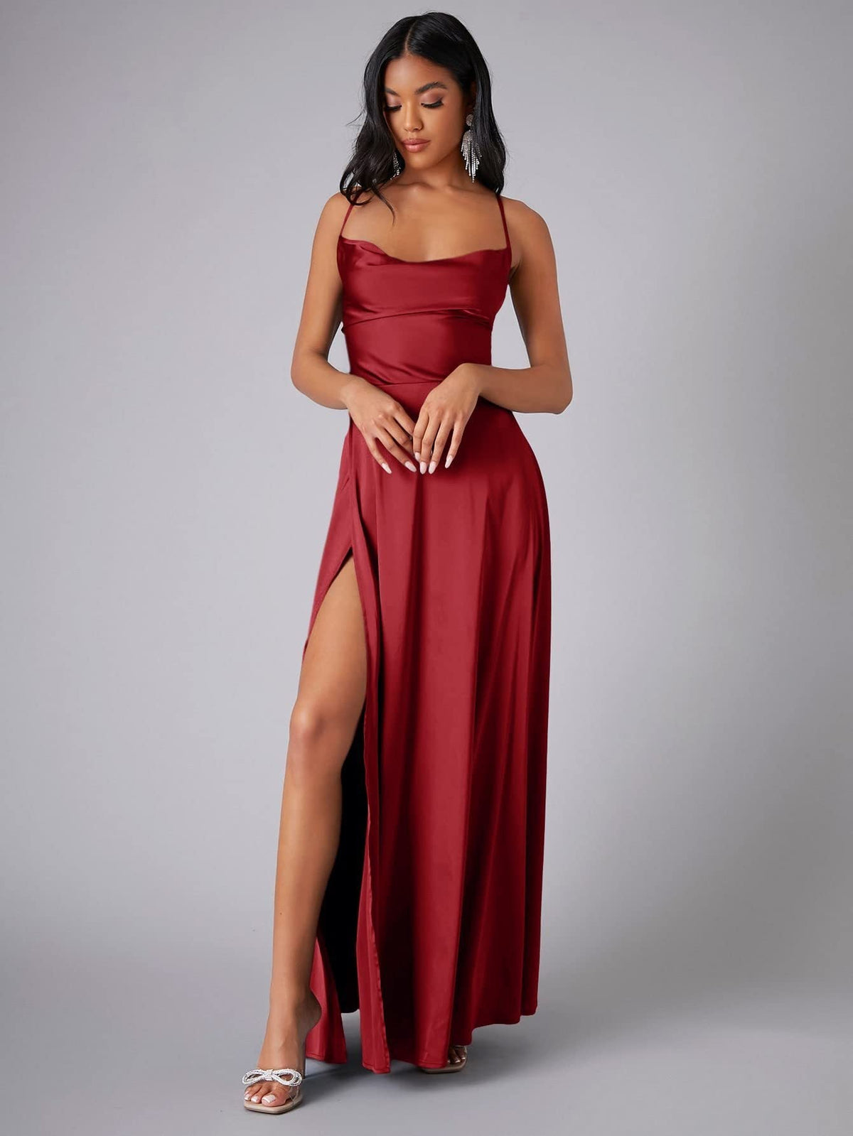 Women's red satin cowl neck backless maxi dress with high slit, front view