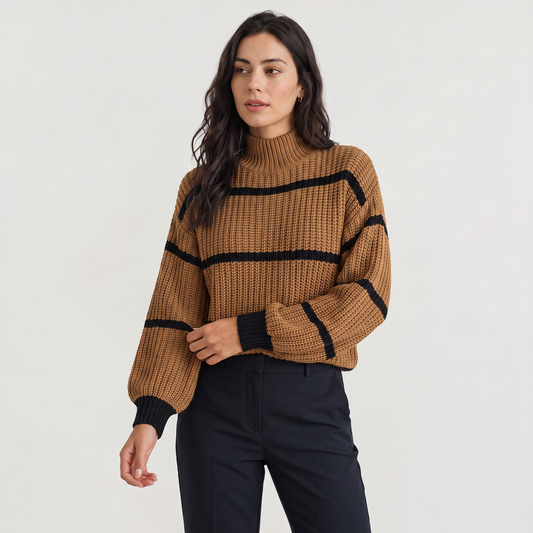 Women's brown striped mock neck sweater with lantern sleeves, front view