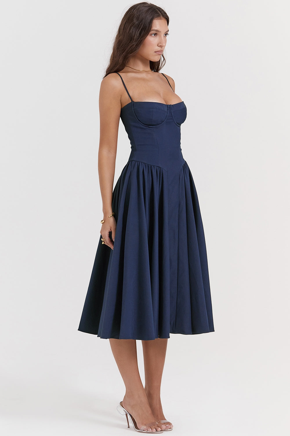 Women's midnight blue sweetheart midi dress, front view