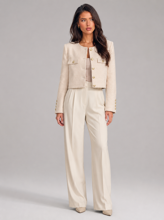 Women's white tweed cropped collarless jacket, front view