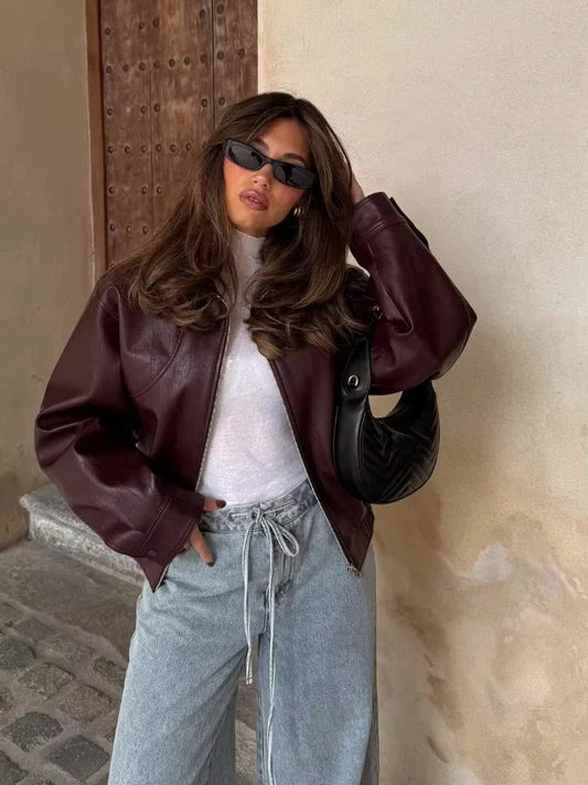Women's wine red oversized faux leather jacket with zip front, front view