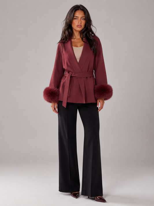 Women's bordeaux wrap faux fur cuff coat, front view